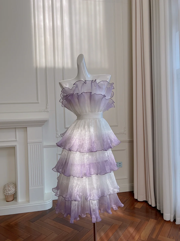 Purple gradient ruffle waist slim cake long skirt homecoming dress R5044