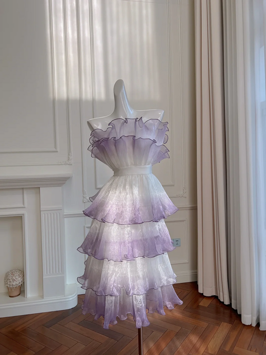 Purple gradient ruffle waist slim cake long skirt homecoming dress R5044