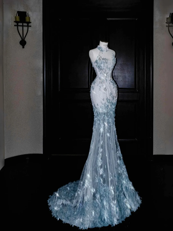 Blue sequined sleeveless slim waist hip fishtail sexy long skirt, prom dress R5660