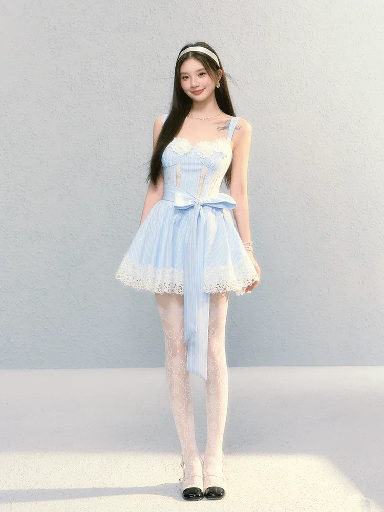 Light blue suspender waist slim lace A-line short skirt homecoming dress R5265