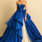 Blue strapless satin waist-length dress with a fluffy skirt, prom dress R5345