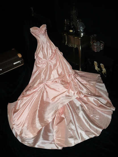 Pink strapless fitted waist princess long ball gown R7014