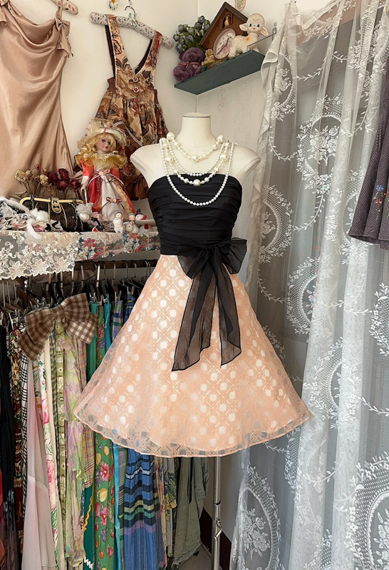 Black strapless pink A-line mini skirt, prom dress R6295