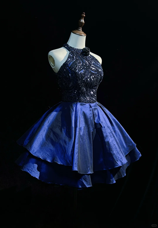 Blue halter neck waist hollow design princess skirt homecoming dress R4922