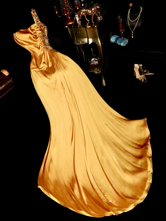 Gold satin one-shoulder fitted waist elegant long ball gown R6854