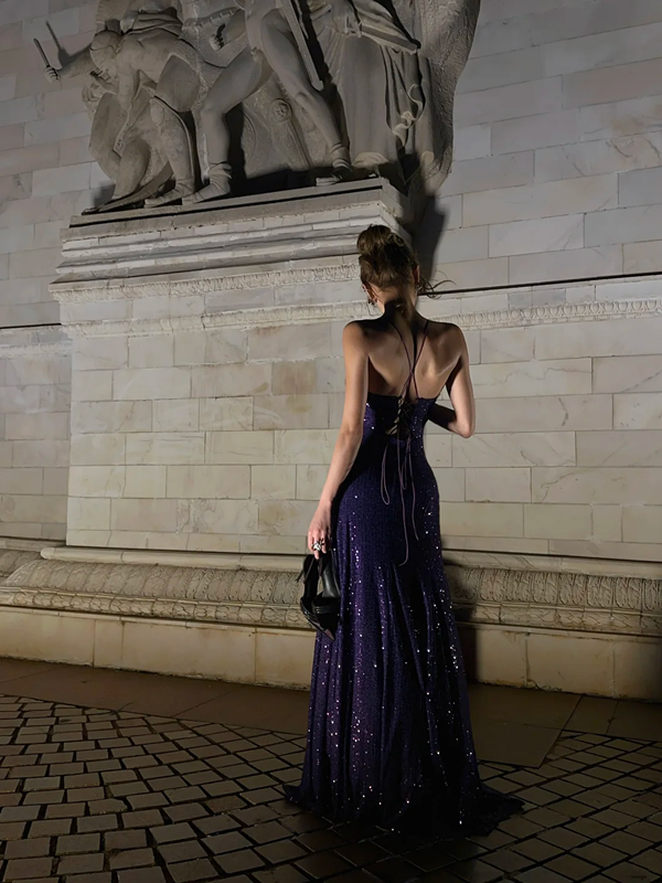 Purple sequined halter-neck fitted long ball gown R8861