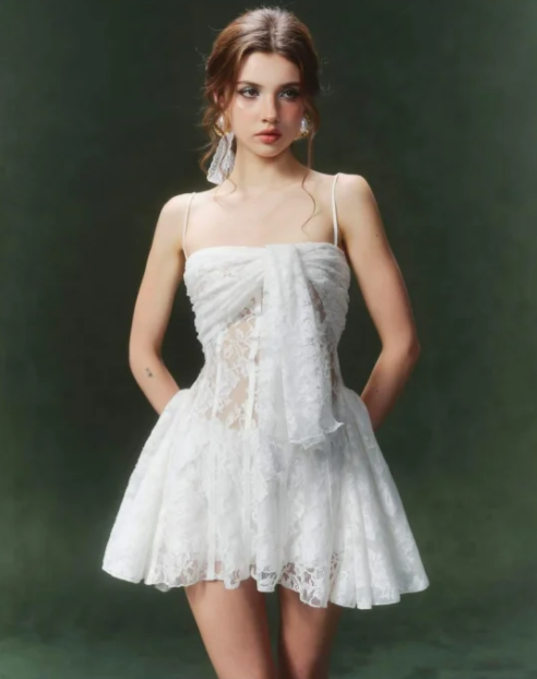 White lace suspenders waist slim cute sexy short skirt homecoming dress R4758
