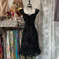 Black square-neck vintage floral pattern fitted short dress, ball gown R7453