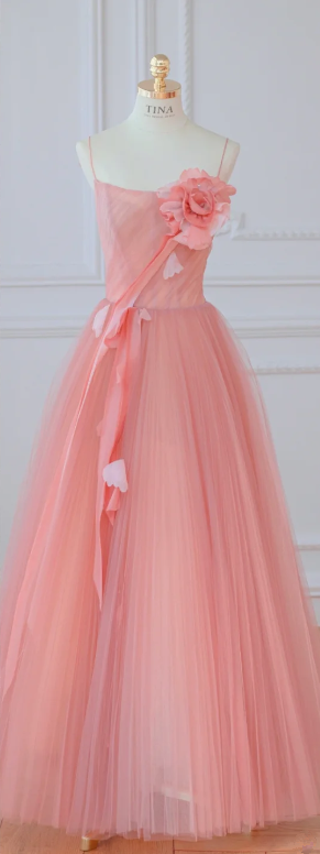 Pink Spaghetti-Strap Fitted-Waist Slim-Fit Long Prom Dress / Bridal Gown R5896