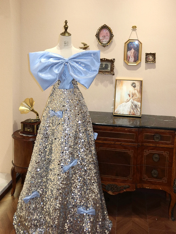 Blue bow-neck ball gown with silver sequined A-line skirt, bridal gown R7167