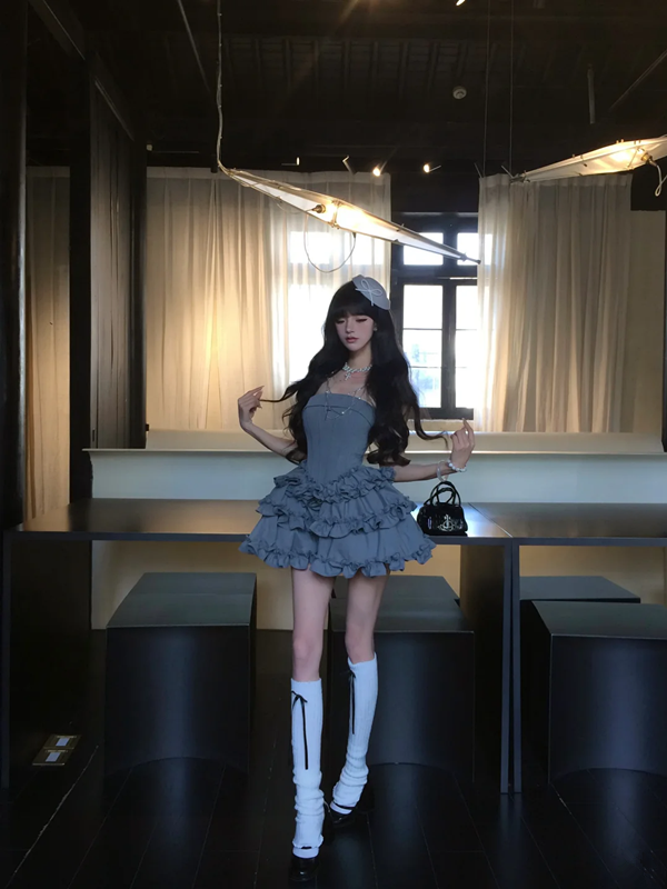 Gray tube top waist cake lace short skirt homecoming dress R5083