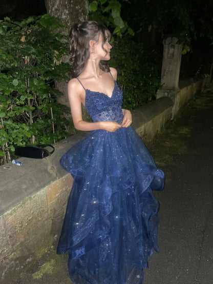 Blue suspender sequin waist slim fit sexy elegant dress, prom dress R5385