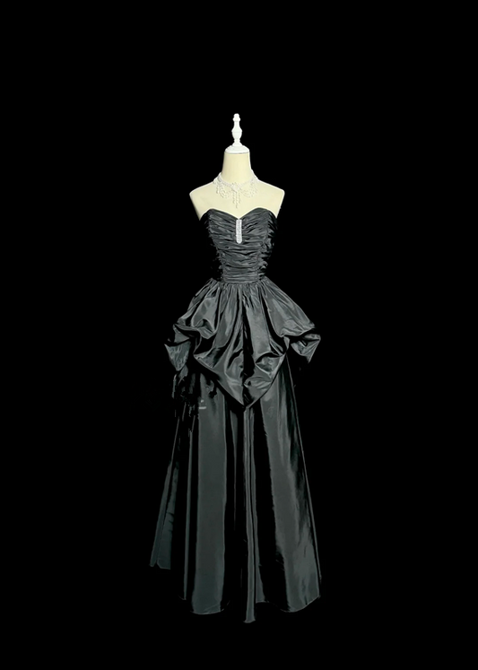 Black strapless, fitted, pleated long ball gown R6655