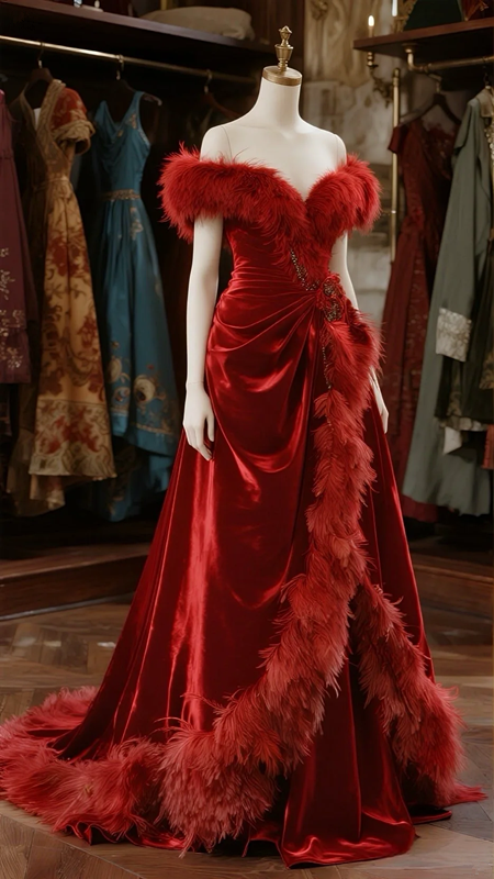 Red one-shoulder feather waist slim long dress ball gown, bridal gown R6096