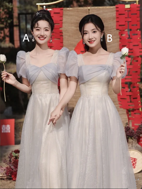 Light-colored puff sleeves, slim waist, sexy A-line bridesmaid dress R6117