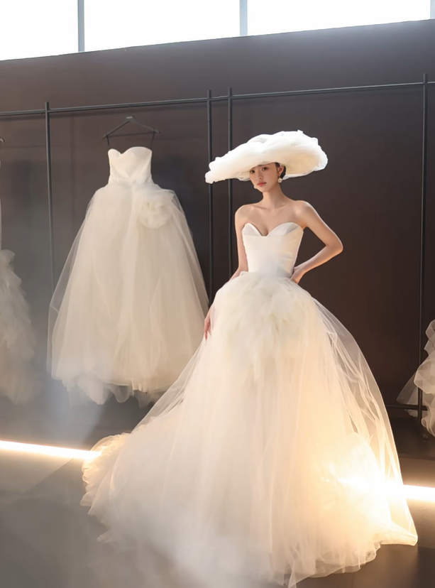 White tube top slim waist tulle skirt long dress bridal dress R6056