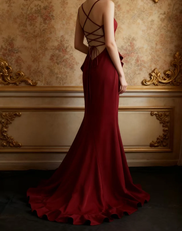 Red halter-neck fitted backless sexy long ball gown R6695