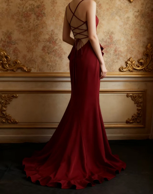 Red halter-neck fitted backless sexy long ball gown R6695