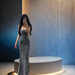 Silver halter-neck fitted bodycon sequined ball gown R8040