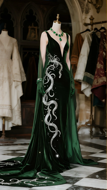 Dark green suspender V-neck slim waist sexy long skirt ball gown R6074