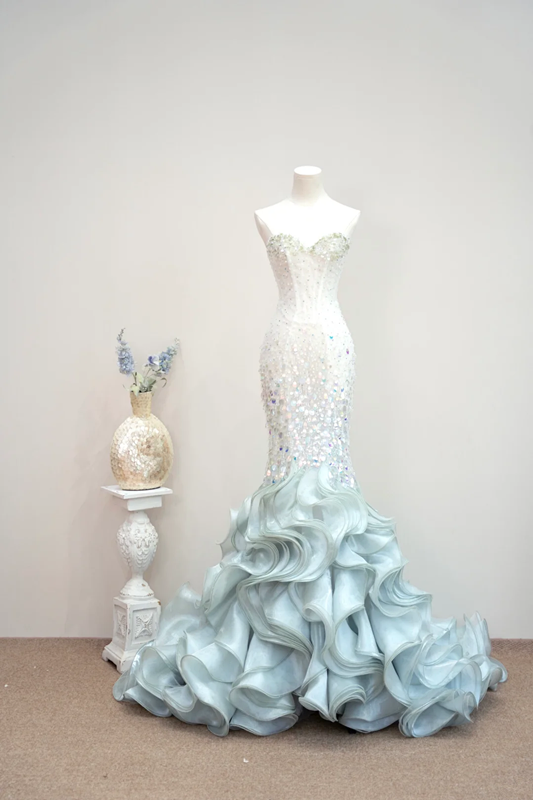 White strapless fitted bodice with light blue long skirt - ball gown R8891