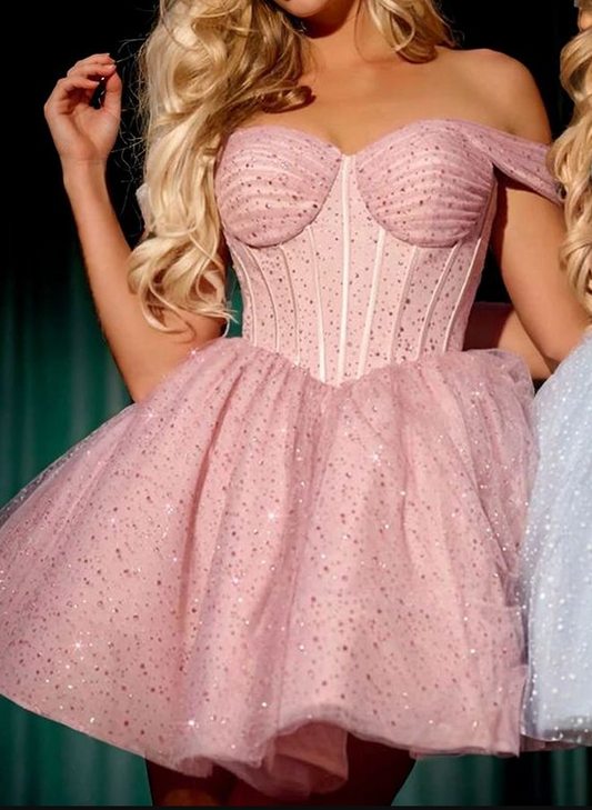 Glitter Sequins Sweet Women's Homecoming Dress Pink Corset Short Prom Dress Birthday Dress RS2806