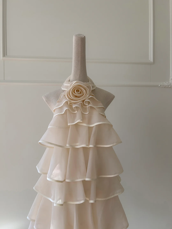 Champagne color halter neck straight cake cute short skirt homecoming dress R5003