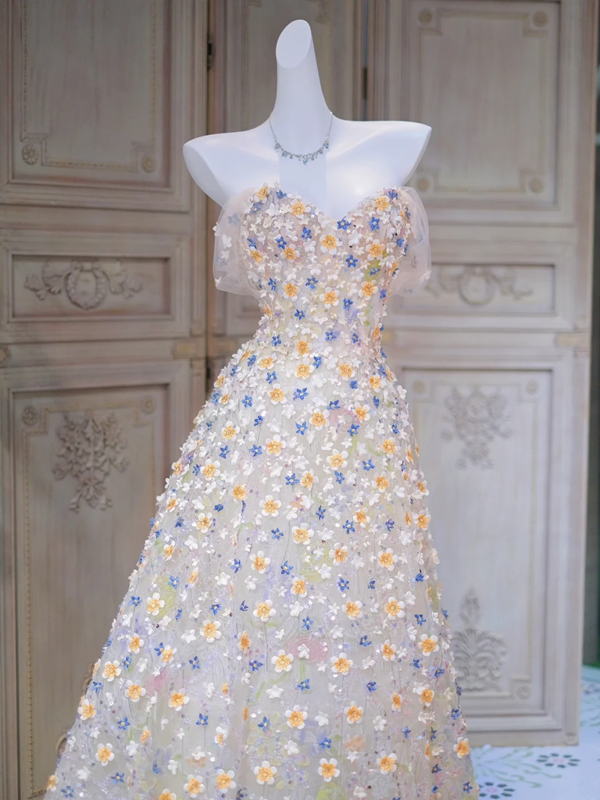 Apricot Off-the-shoulder Floral Waist Slim Fit A-line Long Ball Gown Bridal Gown R5857