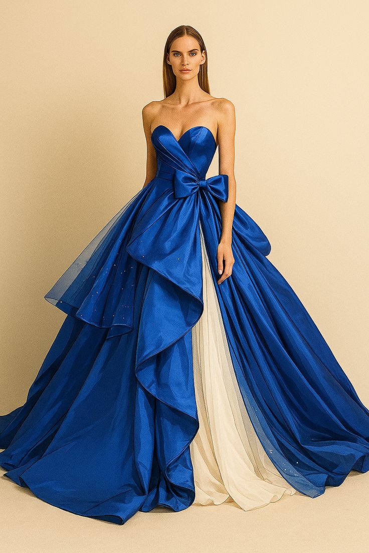 Blue strapless satin waist-length dress with a fluffy skirt, prom dress R5345