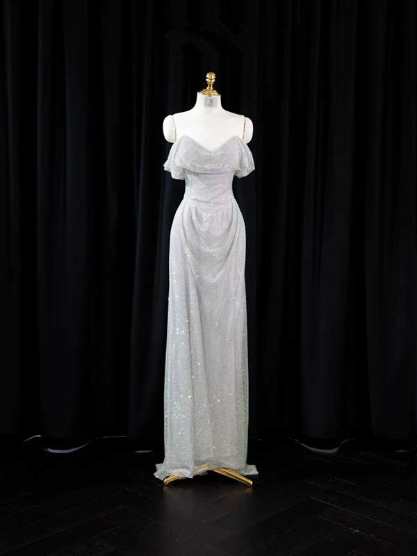 Silver off-the-shoulder halter-neck fitted long ball gown, bridal dress R8951