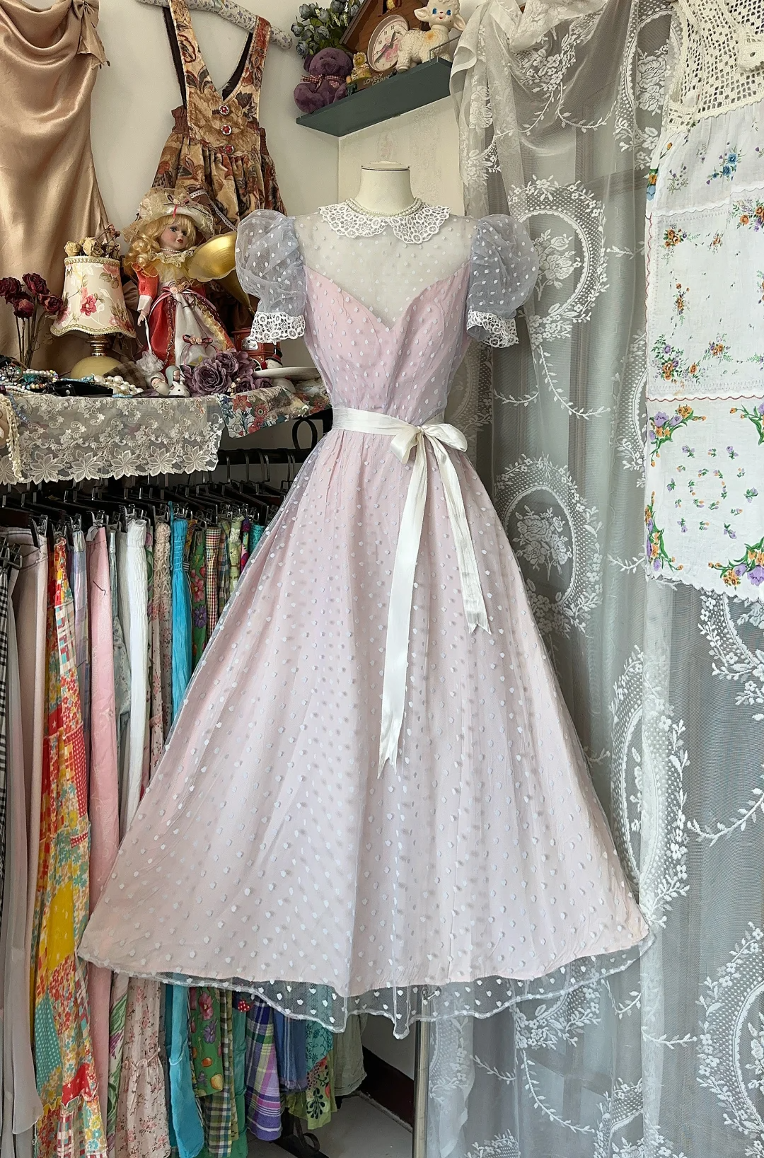 Pink puff sleeve slim waist A-line maxi ball gown R6176