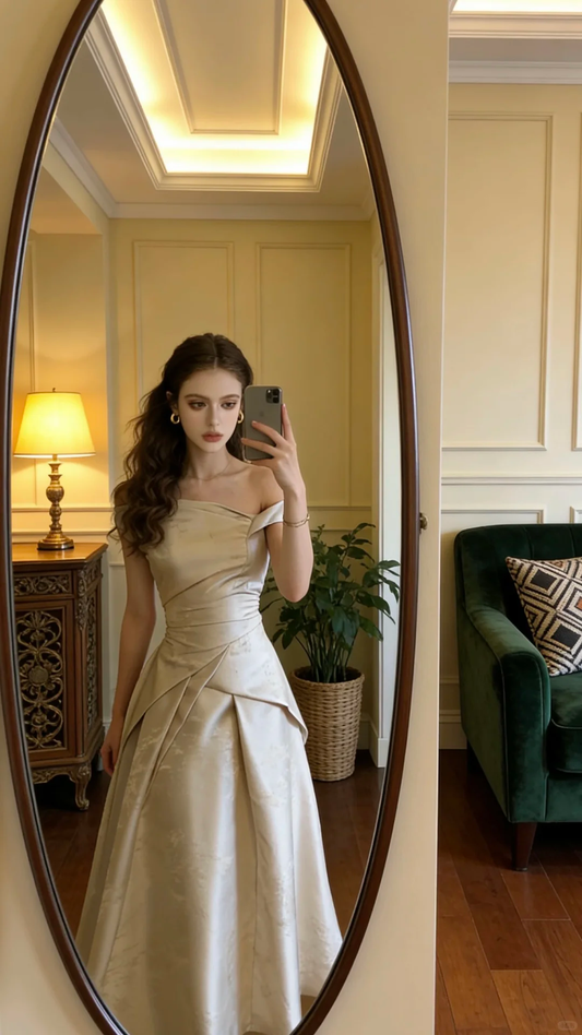 Champagne-colored off-the-shoulder fitted long ball gown/bridal dress R8831