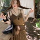 Fairy travel outfit retro ethnic style suspender long skirt v-neck dress R1741