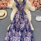Backless V-neck printed dress for beach vacation, slim waist and long skirt R0360