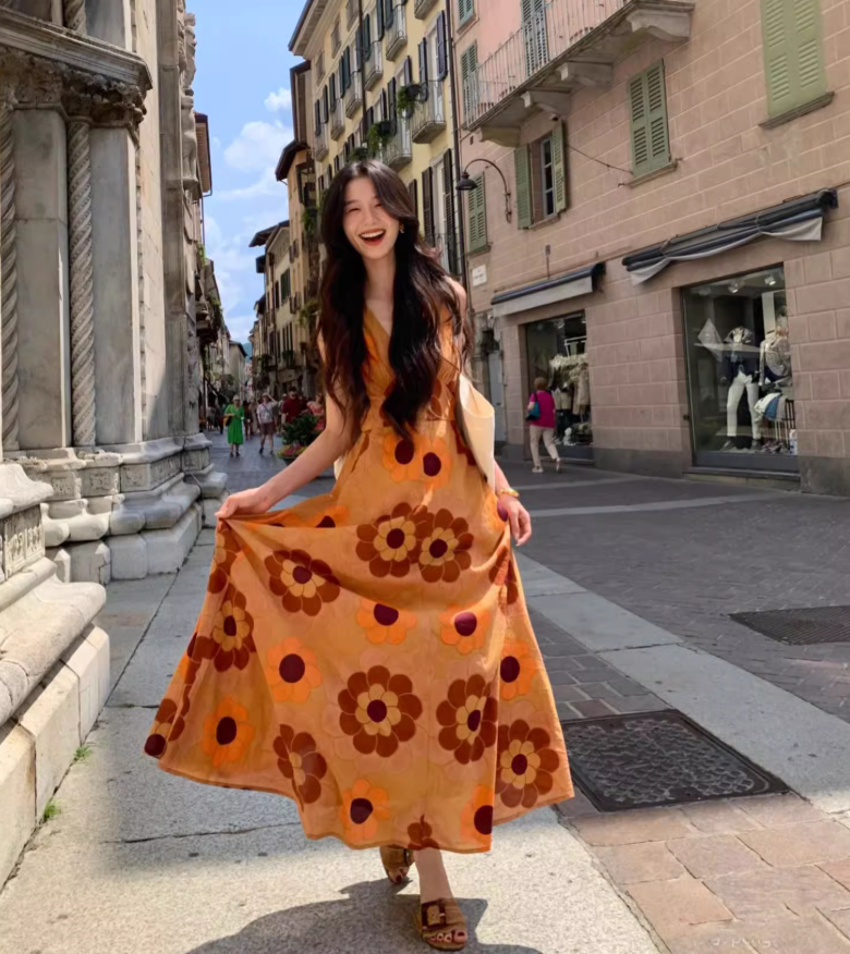 Island travel outfit holiday print dress bohemian beach dress R1562