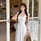 White square collar small flying sleeve waist dress women's summer French temperament A-line skirt R4746