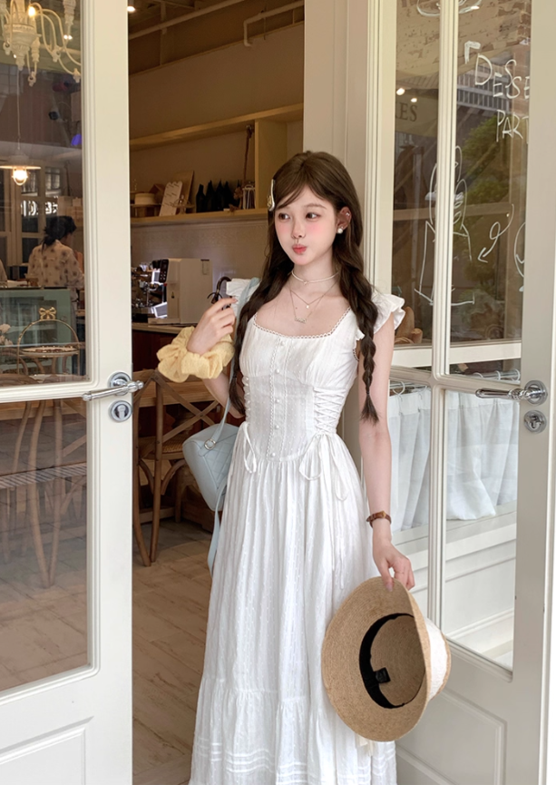 White square collar small flying sleeve waist dress women's summer French temperament A-line skirt R4746