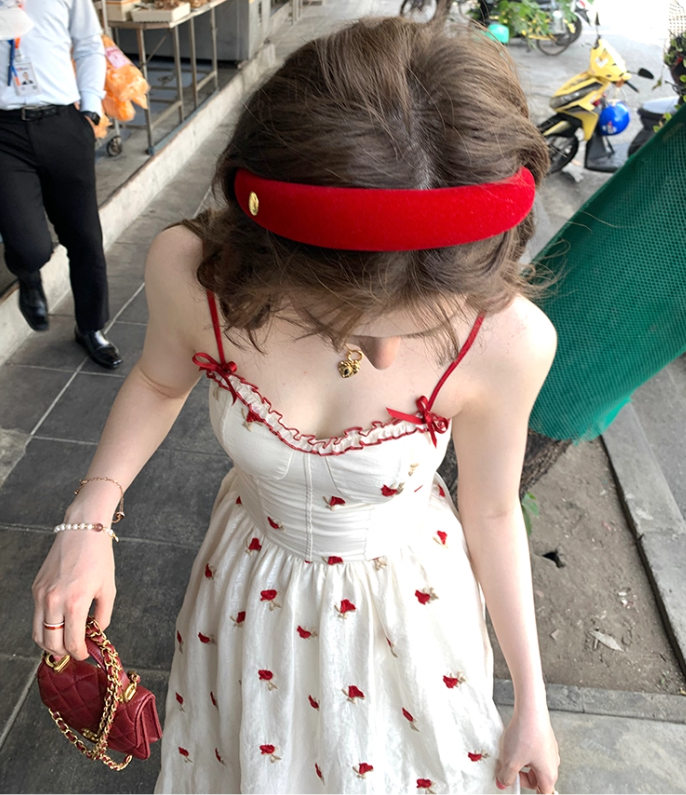 Red printed waist suspender dress summer slim a-line skirt French style petite skirt R4779