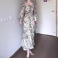Green floral long-sleeved dress gentle temperament waist A-line long skirt R0707