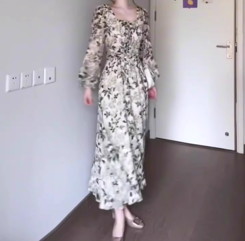 Green floral long-sleeved dress gentle temperament waist A-line long skirt R0707