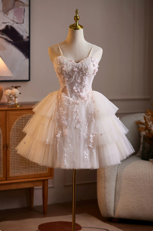 Lovely Blush Pink Beaded A-Line Spaghetti Straps Bodycon Mini Birthday Dress Homecoming Dress RS366