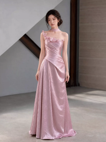 Silky Satin Applique Corset Prom Gown , Pink Women's Maxi Evening Dress Birthday Dress RS2658