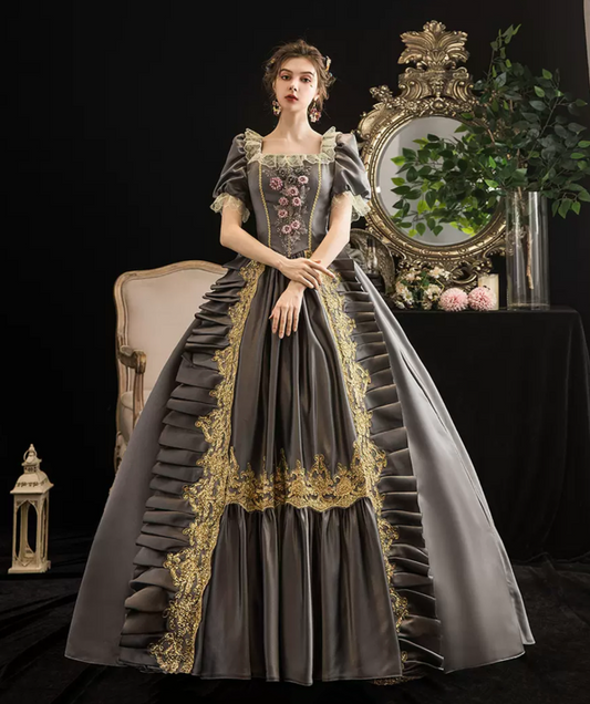 French Chic Gray Prom Gown , Embroidery Victoria Corset Maxi Evening Dress Ball Gown RS1456
