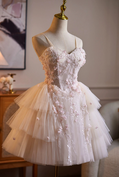 Lovely Blush Pink Beaded A-Line Spaghetti Straps Bodycon Mini Birthday Dress Homecoming Dress RS366