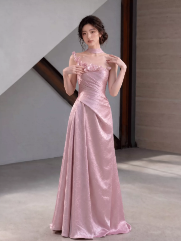 Silky Satin Applique Corset Prom Gown , Pink Women's Maxi Evening Dress Birthday Dress RS2658