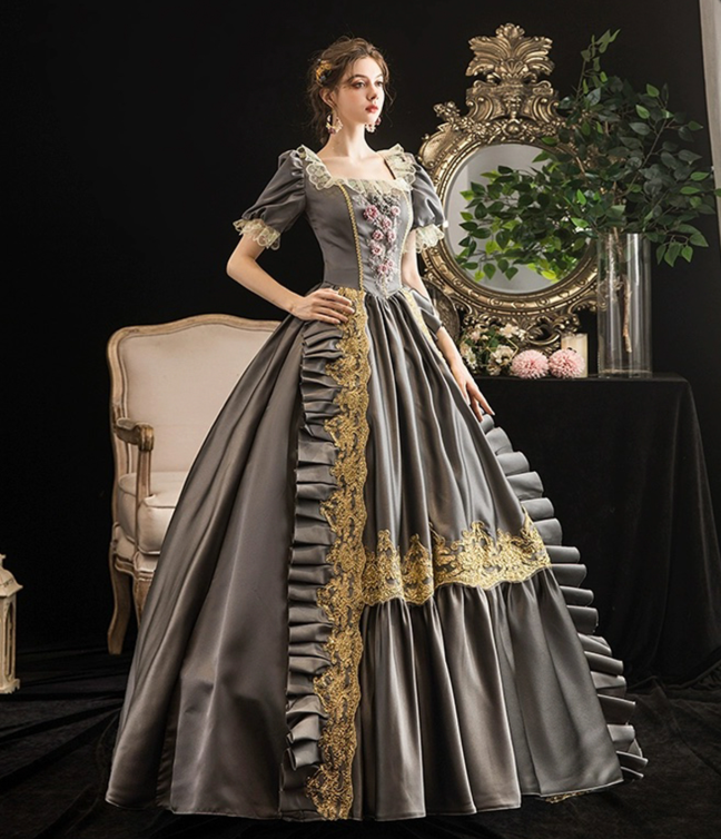 French Chic Gray Prom Gown , Embroidery Victoria Corset Maxi Evening Dress Ball Gown RS1456