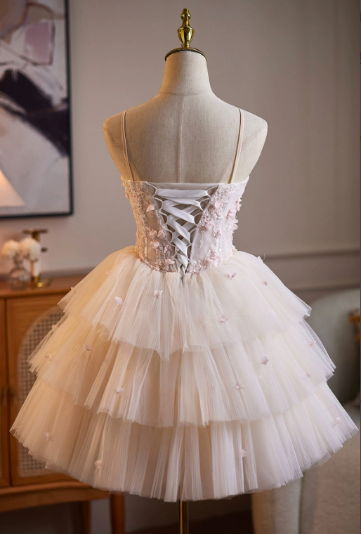 Lovely Blush Pink Beaded A-Line Spaghetti Straps Bodycon Mini Birthday Dress Homecoming Dress RS366