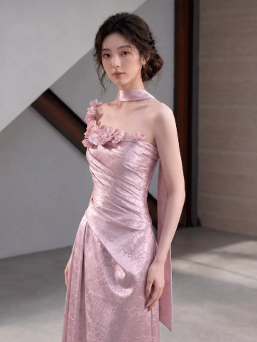 Silky Satin Applique Corset Prom Gown , Pink Women's Maxi Evening Dress Birthday Dress RS2658
