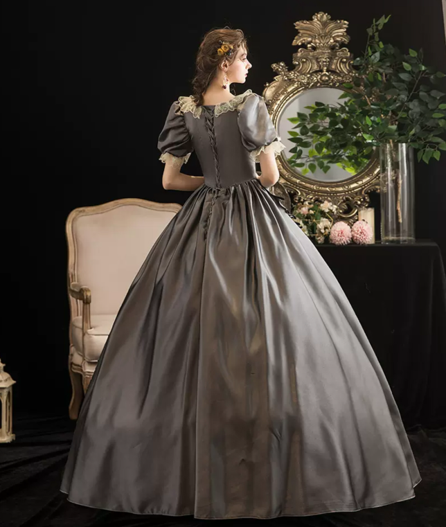 French Chic Gray Prom Gown , Embroidery Victoria Corset Maxi Evening Dress Ball Gown RS1456