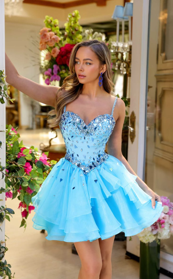Sparkly Beaded Puffy Women's Homecoming Dress Blue Corset Short Prom Dress Cocktail Dress RS2717
